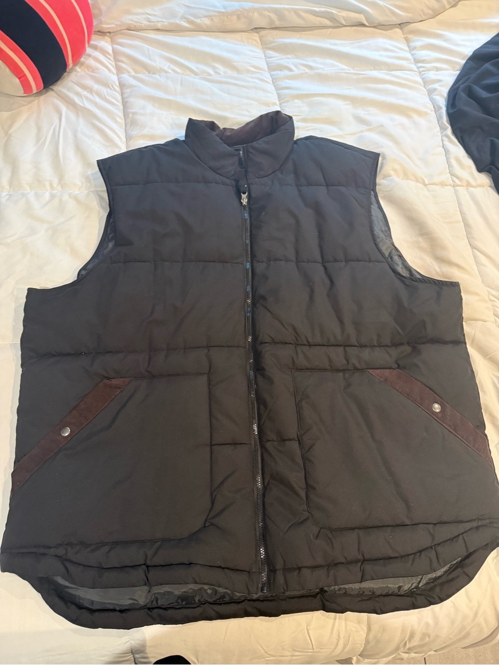 St. John's Bay Black Quilted Vest with Brown Pocket Trim
